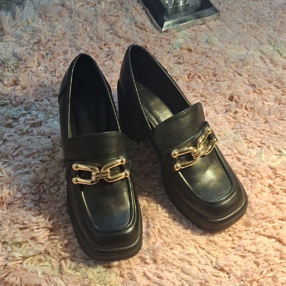 Aria Black Loafers with Gold Chain Block Heels